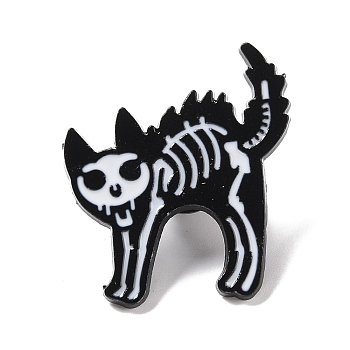 Cat Skeleton Enamel Pin, Halloween Animal Alloy Badge for Backpack Clothing, Electrophoresis Black, White, 31x29x2mm, Pin: 1mm