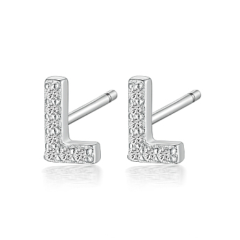 Rhodium Plated 925 Sterling Silver Initial Letter Stud Earrings, with Cubic Zirconia, Platinum, Letter L, 5x5mm