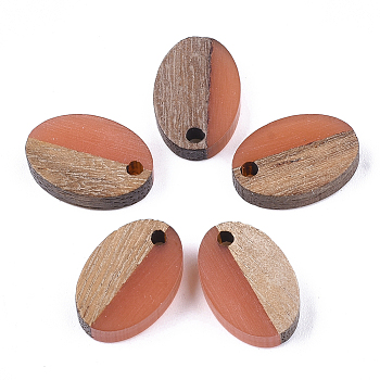 Resin & Walnut Wood Pendants, Oval, Coral, 15.5x10.5x3~3.5mm, Hole: 1.8mm