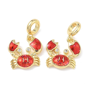 Brass Enamel Red Crab European Dangle Charms, Large Hole Pendants with Clear Cubic Zirconia, Lead Free & Cadmium Free, Long-Lasting Plated, Rack Plating, Golden, 25mm, Hole: 4.5mm