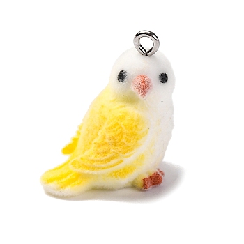 Flocky Resin Pendants, With Paltinum Iron Loop, Magpie, Yellow, 24x22x16mm, Hole: 2mm