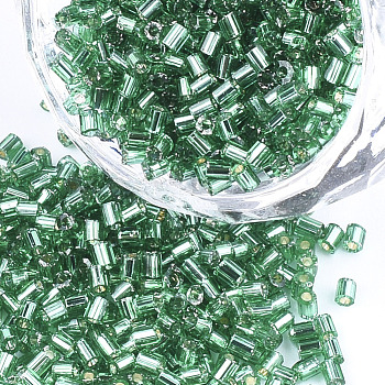 Grade A Glass Seed Beads, Hexagon(Two Cut), Silver Lined, Sea Green, 1.5~2.5x1.5~2mm, Hole: 0.8mm, about 2100pcs/bag, 450g/bag