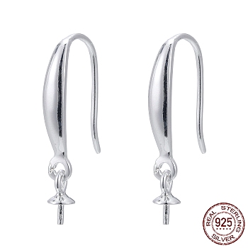 925 Sterling Silver Earring Hooks, with Cup Pearl Bail Pin, Silver, 20~21mm, Bail Pin: 6x3mm, Pin: 0.8mm