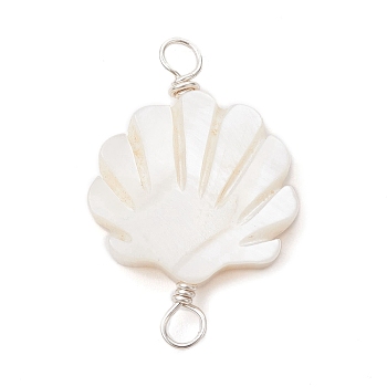 Natural Freshwater Shell Connector Charms, Shell Shaped Links with Copper Loops, Silver, 23x15x3mm, Hole: 2mm