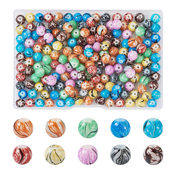 200Pcs 10 Colors Painted Glass Beads Strands, Wood Pattern, Round, Mixed Color, 8x7.5~8.5mm, Hole: 1.4mm, 20pcs/color