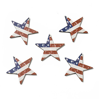 American Flag Theme Single Face Printed Aspen Wood Pendants, Star Charm, Sienna, 45x46.5x2.5mm, Hole: 1.2mm