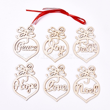 Wooden Pendant Decorations, with Ribbon, Pendant Hollow Out Ornaments, for Christmas Decoration, Blanched Almond, 97.5~98x68x2mm, Hole: 2mm, 6pcs/set(X-AJEW-WH0110-01)