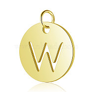 304 Stainless Steel Charms, Flat Round with Letter, Golden, Letter.W, 12x1mm, Hole: 2.5mm(STAS-S105-T514G-W)