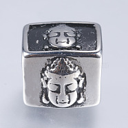 304 Stainless Steel Beads, Large Hole Beads, Cuboid with Buddha, Antique Silver, 11x12x13mm, Hole: 8.5mm(STAS-I072-062AS)