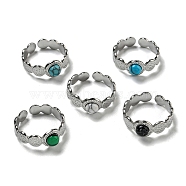 304 Stainless Steel Open Cuff Rings, Synthetic Malachite & Turquoise Round Finger Rings for Women Men, Stainless Steel Color, Adjustable(STAS-Z060-15P)