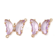 Brass Pave Faceted Glass Connector Charms, Golden Tone Butterfly Links, Plum, 20x22x5mm, Hole: 1.2mm(FIND-Z020-04L)