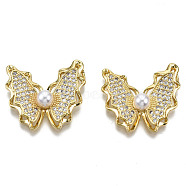 Brass Micro Pave Clear Cubic Zirconia Pendants, with ABS Plastic Imitation Pearl, Nickel Free, Butterfly Shape, Real 16K Gold Plated, 24.5x28x7mm, Hole: 3mm(ZIRC-S067-080-NF)