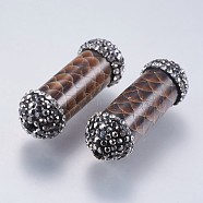 Snakeskin Leather Beads, with Polymer Clay Rhinestone, Column, Saddle Brown, 33x12mm, Hole: 1.5mm(RB-I076-09)