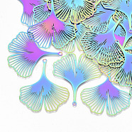 Ion Plating(IP) 201 Stainless Steel Filigree Pendants, Etched Metal Embellishments, Ginkgo Leaf, Rainbow Color, 40x36x0.3mm, Hole: 1.6mm(STAS-S108-88)