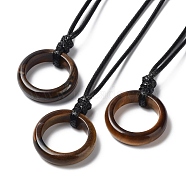 Natural Tiger Eye Ring Pendant Necklace with Waxed Cords, 29.53~29.92 inch(75~76cm), Pendant: 24x6mm(NJEW-R262-01B-07)