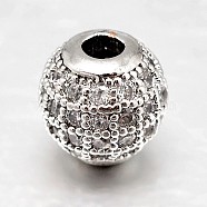 Round Brass Micro Pave Cubic Zirconia Beads, Clear, Platinum, 10mm, Hole: 2mm(X-ZIRC-N016-01P-10mm)