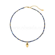 Natural Lapis Lazuli Beaded Necklace, Hamsa Hand Stainless Steel Pendant Necklaces for Women, 15.75 inch(40cm)(YU5280)