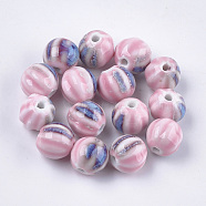 Handmade Porcelain Beads, Fancy Antique Glazed Porcelain, Round, Pink, 11~12x10~11x10~10.5mm, Hole: 2~2.5mm(PORC-S498-24C)