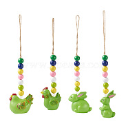 Crafans 4Pcs 4 Style Easter Theme Plastic Hen & Rabbit Pendant Decorations, with Hemp Rope & Wooden Beads, Green, 240~282mm, 1pc/style(HJEW-CF0001-16B)