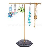 Golden Tone T Bar Iron Earring Displays Stands, with Marble Stone Base, Jewelry Display Rack, Jewelry Tree Stand for Earring, Ring, Necklace, Bracelet Storage, Black, Finished Product: 9.1x10.5x25.8cm(EDIS-WH0035-23B)