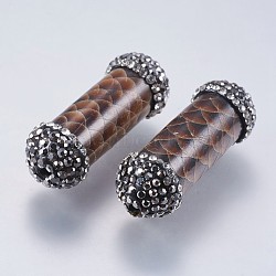 Snakeskin Leather Beads, with Polymer Clay Rhinestone, Column, SaddleBrown, 33x12mm, Hole: 1.5mm(RB-I076-09)