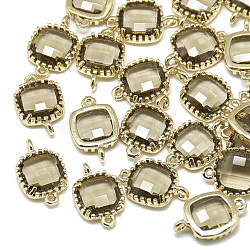Glass Links connectors, with Golden Tone Brass Findings, Faceted, Square, Dark Khaki, 15x9x3mm, Hole: 0.5mm(GLAA-Q068-10A-03)