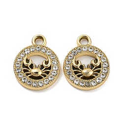 UV Plating Alloy Rhinestone Pendants, Flat Round with Crab Charms, Golden, 15x12x3mm, Hole: 1.8mm(PALLOY-D026-15G)
