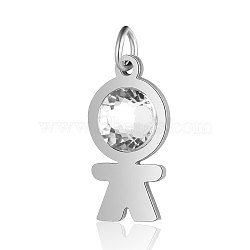201 Stainless Steel Pendants, with Rhinestone, Boy, Crystal, Stainless Steel Color, 19x9.5x4.5mm, Hole: 3mm(STAS-S105-T583D-1)