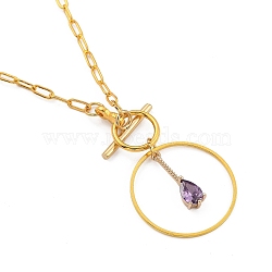 Teardrop Transparent Glass Pendant Necklaces, with Alloy Toggle Clasps, Brass Paperclip Chains & Linking Rings, Golden, Violet, 20.67 inch(52.5cm)(NJEW-JN03038-02)