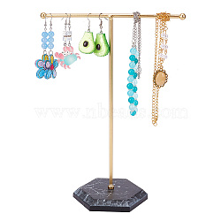 Golden Tone T Bar Iron Earring Displays Stands, with Marble Stone Base, Jewelry Display Rack, Jewelry Tree Stand for Earring, Ring, Necklace, Bracelet Storage, Black, Finished Product: 9.1x10.5x25.8cm(EDIS-WH0035-23B)