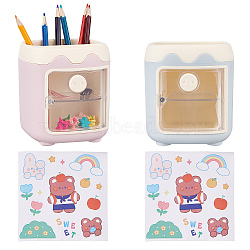 2 Sets 2 Colors Plastic Pen Holders, Piggy Make-up Brush Holders, Pig Pattern Desk Organizer, with Storage Grids & Random Style Stickers, Mixed Color, 107.5x115x100mm, 1 set/color(AJEW-CP0005-22)