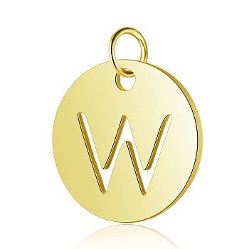 304 Stainless Steel Charms, Flat Round with Letter, Golden, Letter.W, 12x1mm, Hole: 2.5mm