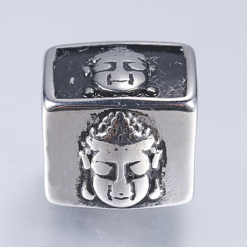 304 Stainless Steel Beads, Large Hole Beads, Cuboid with Buddha, Antique Silver, 11x12x13mm, Hole: 8.5mm