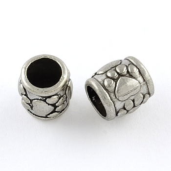 Tibetan Style Zinc Alloy Beads, Drum with Dog Paw Prints, Large Hole Beads, Lead Free & Cadmium Free, Antique Silver, 10x9.8mm, Hole: 6.2mm, about 263pcs/500g