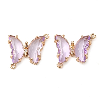 Brass Pave Faceted Glass Connector Charms, Golden Tone Butterfly Links, Plum, 20x22x5mm, Hole: 1.2mm