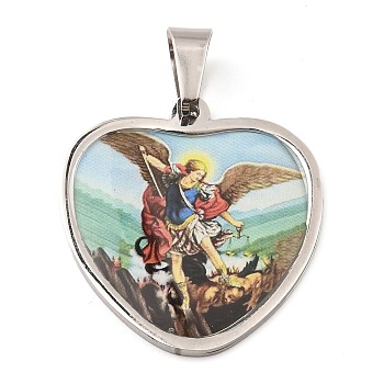 304 Stainless Steel Pendants, with Enamel, Heart with Saint Charm, Religion, Stainless Steel Color, 31x29x2mm, Hole: 9x5.5mm