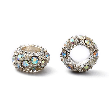 Alloy Rhinestone European Beads, Large Hole Beads, Rondelle, Silver Color Plated, Crystal AB, 11x6mm, Hole: 5mm