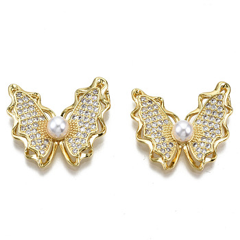 Brass Micro Pave Clear Cubic Zirconia Pendants, with ABS Plastic Imitation Pearl, Nickel Free, Butterfly Shape, Real 16K Gold Plated, 24.5x28x7mm, Hole: 3mm