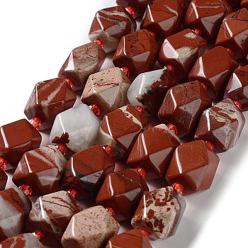 Natural Red Jasper Beads Strands, with Seed Beads, Faceted, Rhombus, 12~15x9~12x9~12mm, Hole: 1~1.2mm, about 20~21pcs/strand, 15.20~15.51 inch(38.6~39.4cm)