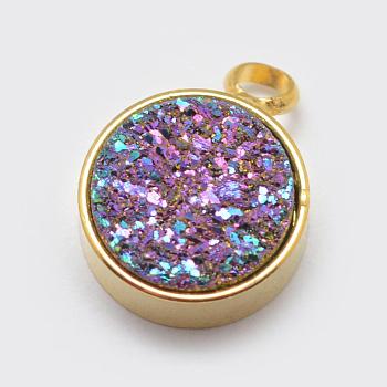 Electroplated Natural Druzy Agate Charms, with Brass Findings, Flat Round, Golden, Colorful, 12x9x4mm, Hole: 2mm
