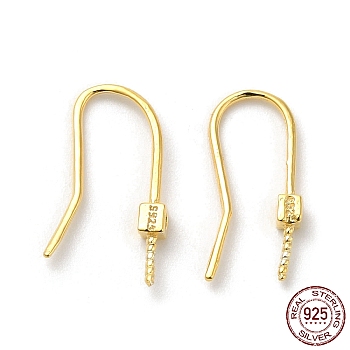 925 Sterling Silver Earring Hooks, Ear Wire for Half Drilled Beads, with S925 Stamp, Real 18K Gold Plated, 19 Gauge, 15mm, Pin: 0.9mm
