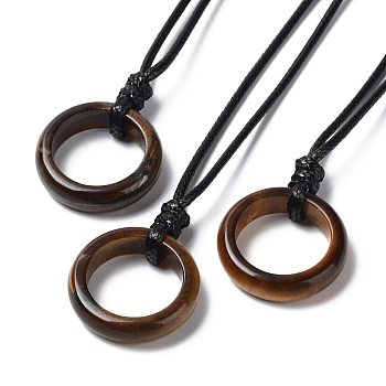 Natural Tiger Eye Ring Pendant Necklace with Waxed Cords, 29.53~29.92 inch(75~76cm), Pendant: 24x6mm