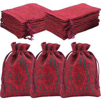 Polyester Imitation Burlap Packing Pouches Drawstring Bags, for Christmas, Wedding Party and DIY Craft Packing, Dark Red, 14x10cm, 16pcs/set