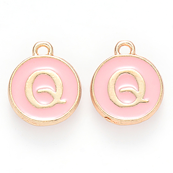 Golden Plated Alloy Enamel Charms, Cadmium Free & Lead Free, Enamelled Sequins, Flat Round with Letter, Pink, Letter.Q, 14x12x2mm, Hole: 1.5mm
