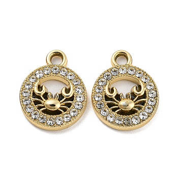 UV Plating Alloy Rhinestone Pendants, Flat Round with Crab Charms, Golden, 15x12x3mm, Hole: 1.8mm