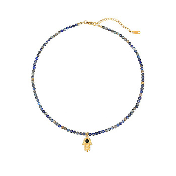 Natural Lapis Lazuli Beaded Necklace, Hamsa Hand Stainless Steel Pendant Necklaces for Women, 15.75 inch(40cm)