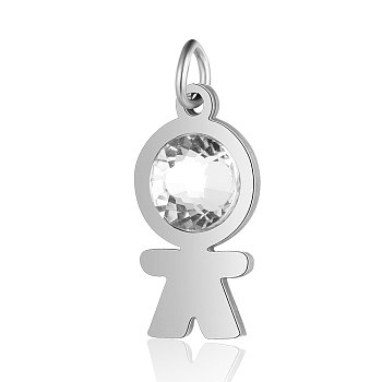 201 Stainless Steel Pendants, with Rhinestone, Boy, Crystal, Stainless Steel Color, 19x9.5x4.5mm, Hole: 3mm