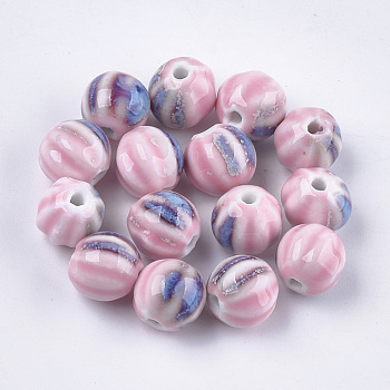 Handmade Porcelain Beads, Fancy Antique Glazed Porcelain, Round, Pink, 11~12x10~11x10~10.5mm, Hole: 2~2.5mm