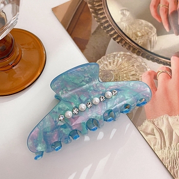 Cellulose Acetate(Resin) Claw Hair Clip, Rhinestones Pearl Style for Women Girls, Deep Sky Blue, 94x42x41mm