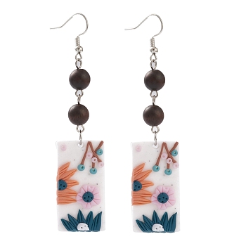 Polymer Clay Dangle Earrings, with Natural Wood Round Beads and 316 Surgical Stainless Steel Earring Hooks, Rectangle with Flower, Old Lace, 86mm, Pin: 0.8mm